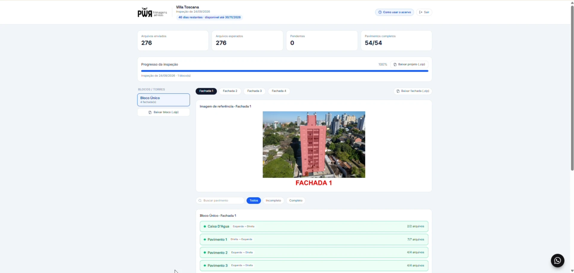 Visão do projeto no Acervo com blocos, fachadas e progresso da inspeção