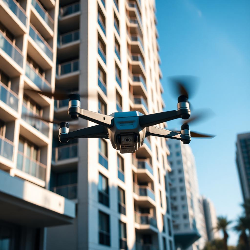 Drone realizando inspeção de fachada de edifício residencial em Porto Alegre
