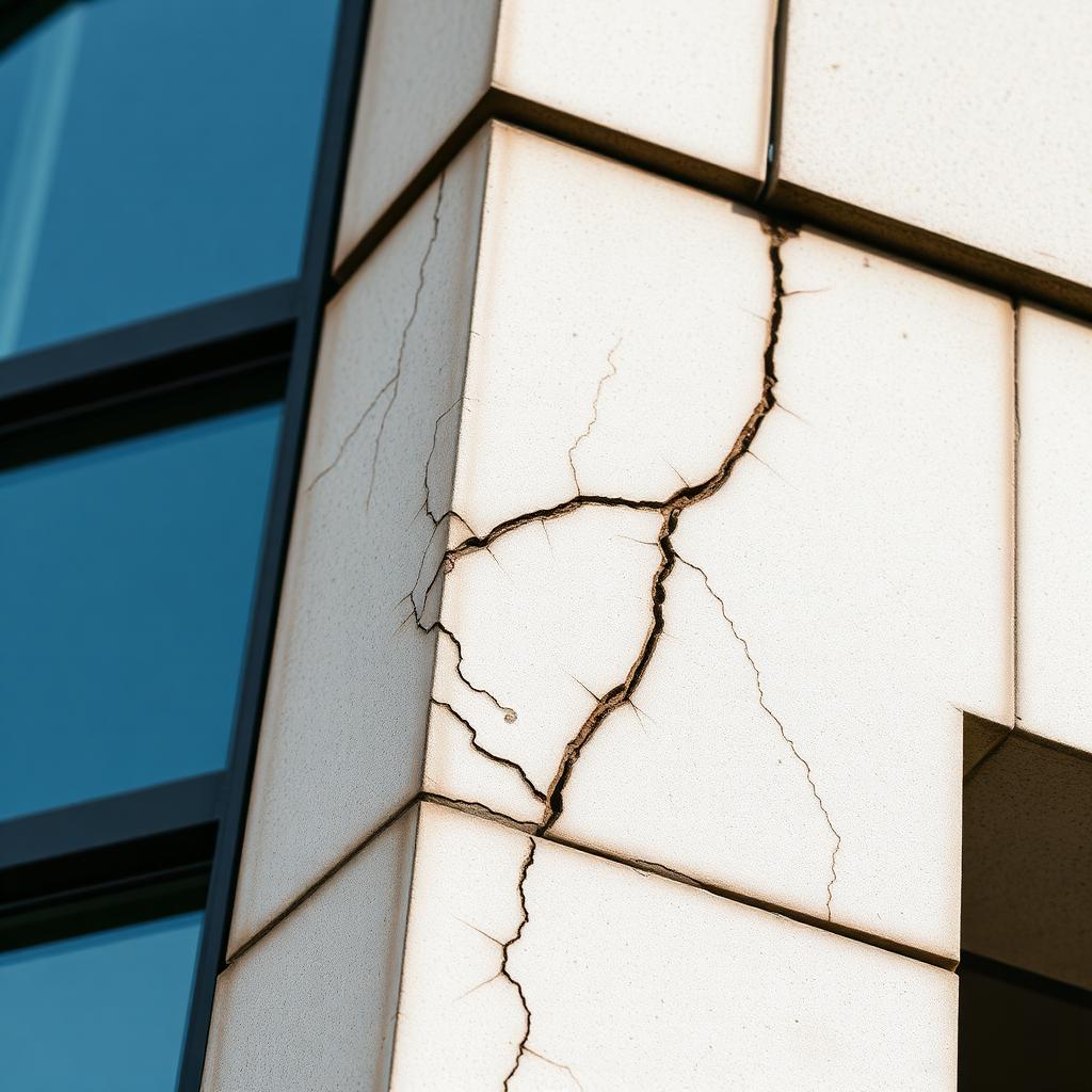 Detalhe de fachada com fissuras em edifício residencial de Porto Alegre