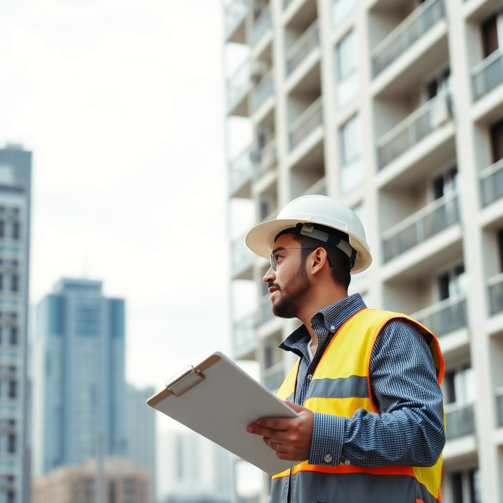 Engenheiro conduzindo inspeção predial em edifício residencial em Porto Alegre