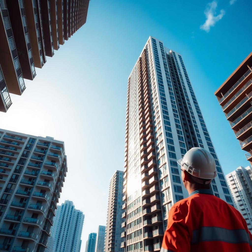 Engenheiro observando fachada de edifício residencial alto em Porto Alegre para inspeção predial