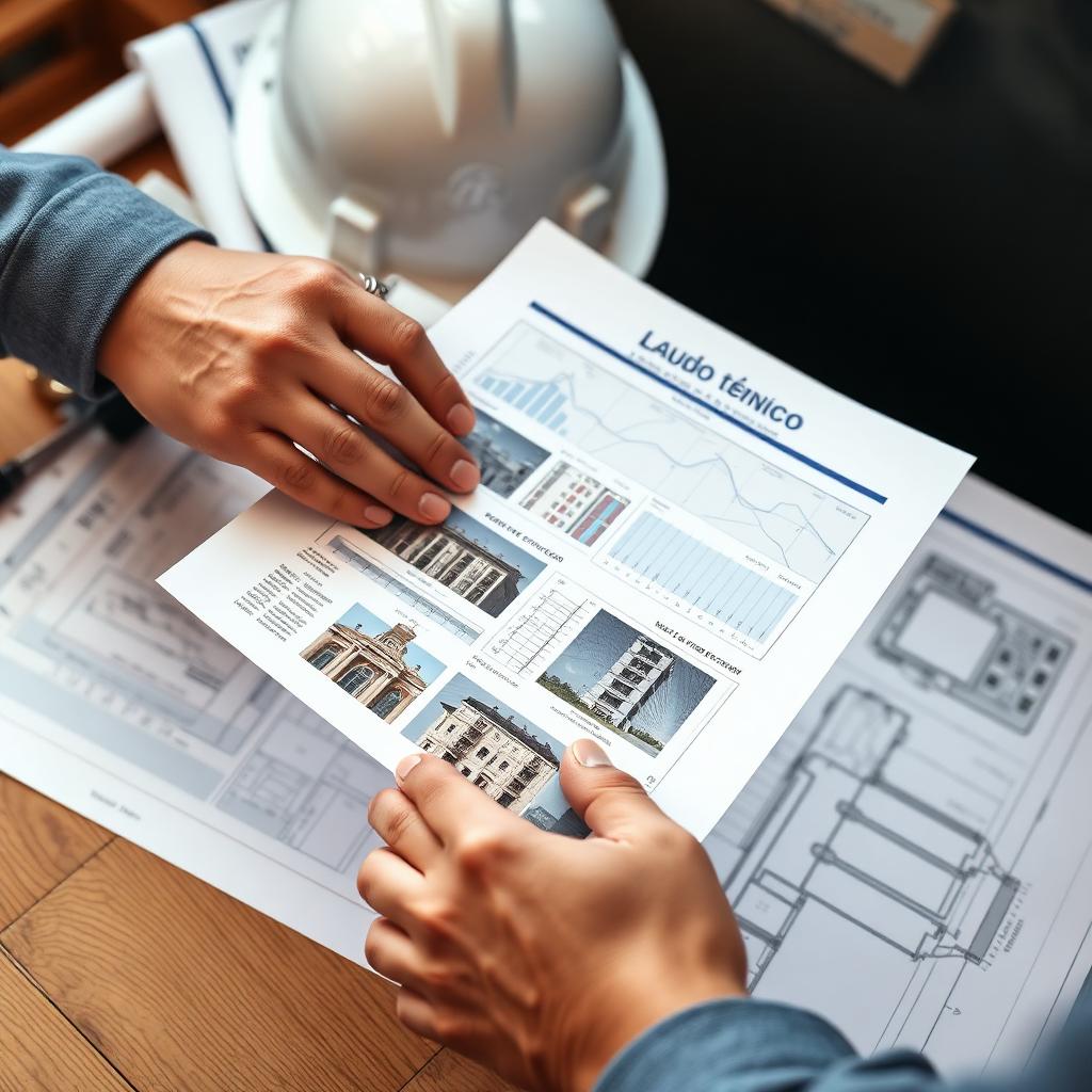Engenheiro analisando laudo técnico de inspeção predial sobre a mesa com capacete e projetos