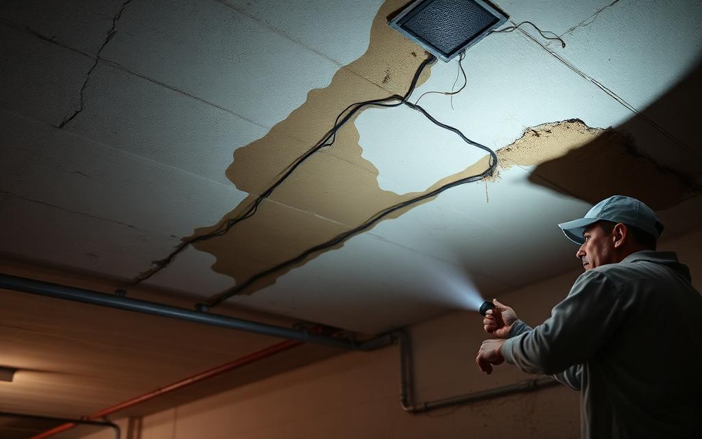 Infiltração e fissura em garagem de condomínio sendo avaliada por técnico durante inspeção predial